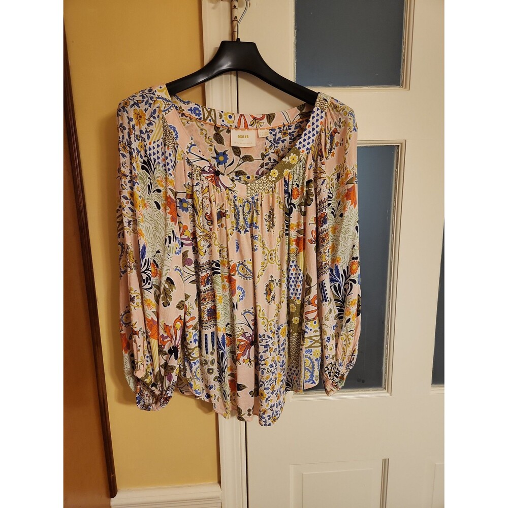 Maeve Floral Boho Peasant Blouse in Cream with Blue, Orange and Green Accents
